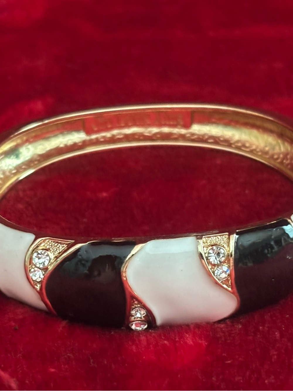 Gold-Tone Black and White Enamel Bangle Bracelet with Crystal Accents